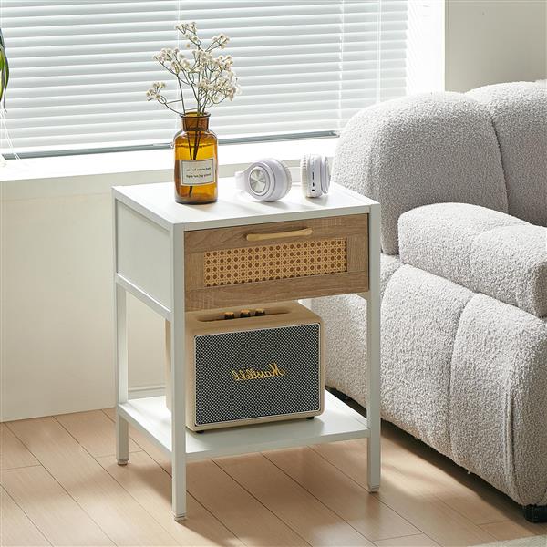 15.74" Rattan End table with  drawer, Modern nightstand, metal legs,side table for living room, bedroom,white(1 pc)