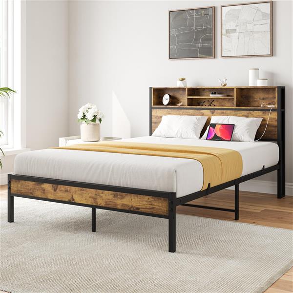 Full Size Bed Frame with Storage Headboard, Metal Platform Bed with Charging Station,  Bookcase Storage, No Box Spring Needed, Easy Assembly, Noise-Free, Black