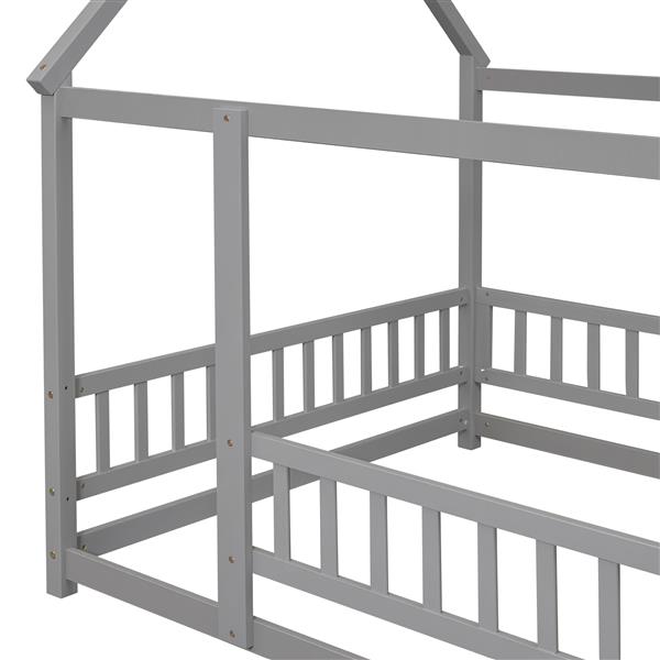 Full Size Floor Wooden Bed with House Roof Frame, Fence Guardrails ,Grey