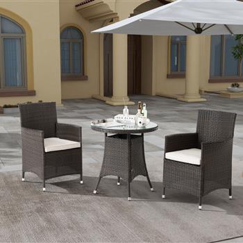 3 Piece Outdoor Dining Set All-Weather Wicker Patio Dining Table and Chairs with Cushions, Round Tempered Glass Tabletop for Patio Backyard Porch Garden Poolside