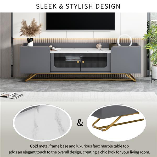 Sleek Design TV Stand with Fluted Glass, Contemporary Entertainment Center for TVs Up to 70", Faux Marble Top TV Console Table with Gold Frame Base, Grey