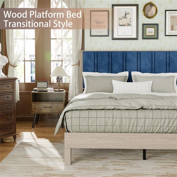 Full Bed Frame, Wood with Wood Headboard Bed Frame with upholstered headboard /  Wood Foundation with Wood Slat Support / No Box Spring Needed / Easy Assembly