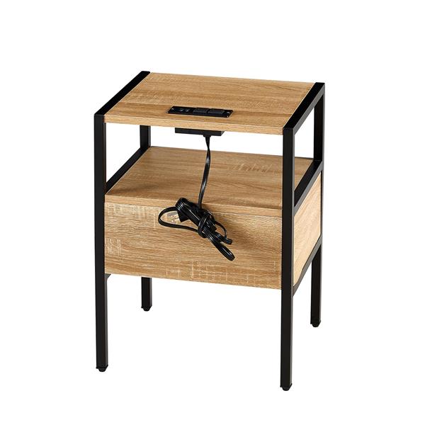 15.75" Rattan End table with Power Outlet  & USB Ports , Modern nightstand with drawer and metal legs, side table for living room, bedroom,natural(1 PC)