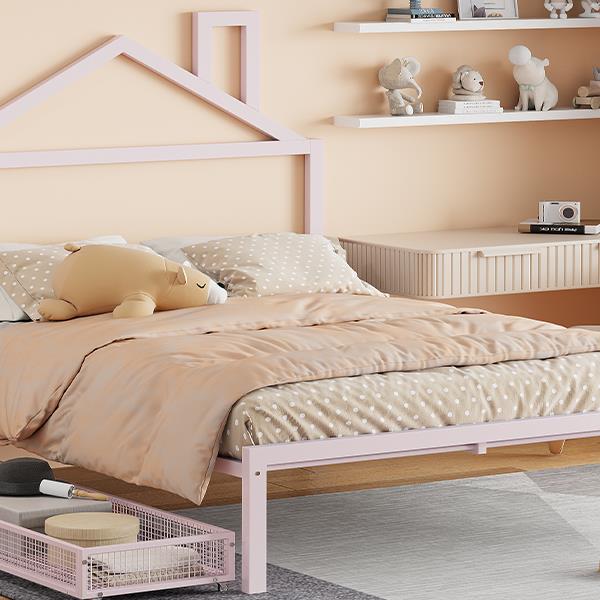 Full Size Metal Platform Bed with two drawers,House-Shaped Headboard Design, Pink