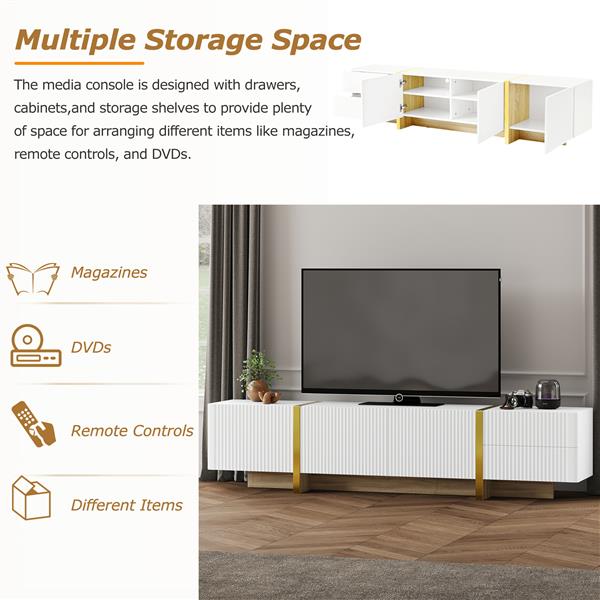 Luxury Fluted TV Stand for TVs Up to 80'', Modern Entertainment Center with Storage Cabinets & Drawers, Smooth Media Console with lden Wood Grain Legs for Living Room, White