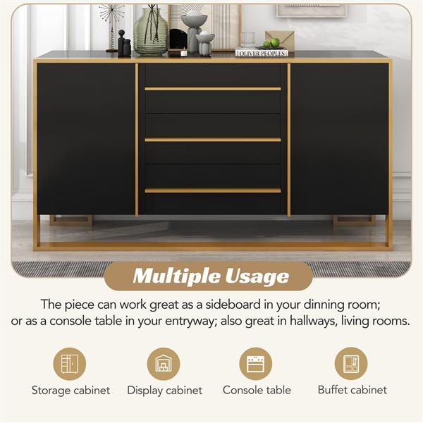 Modern Style 59"L Sideboard with Large Storage Space and Gold Metal Legs for Living Room and Entryway (Black)