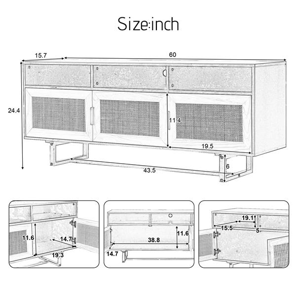 Retro Rattan Console Table 3-door TV Stand Media Console with Open Shelves for TV Stand under 75''(Espresso)