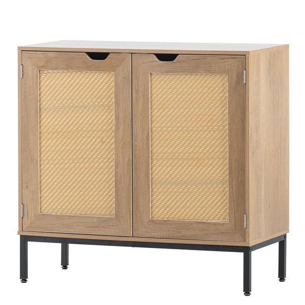 Rustic Storage Cabinet with 2 Rattan Doors, Mid Century Natural Wood Sideboard Furniture for Living Room