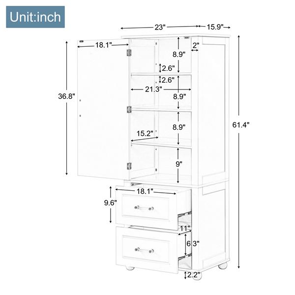 Tall Bathroom Storage Cabinet, Freestanding Storage Cabinet with Two Drawers and Adjustable Shelf, MDF Board with Painted Finish, Grey