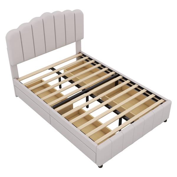 Full Size Upholstered Bed with 4 Storage Drawers,Wood Slat Support, Beige