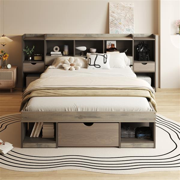 Queen Size Wood Platform Bed with Multi-storage Headboard and a Drawer, Gray