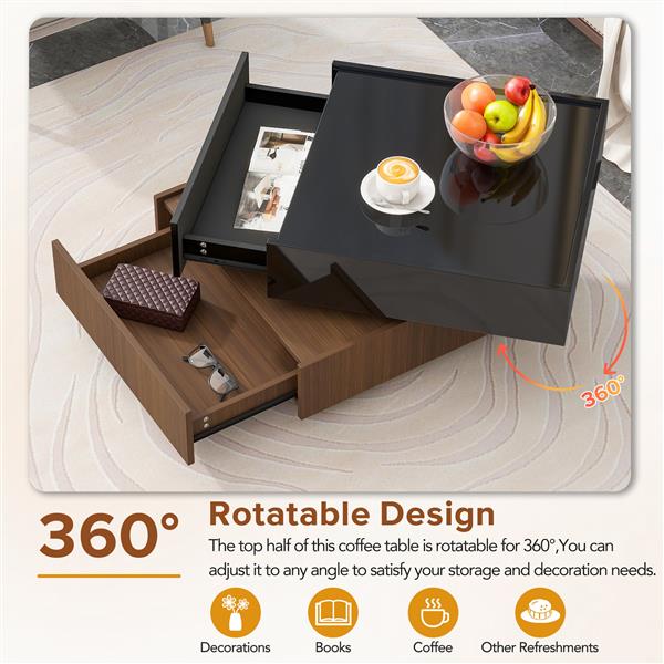 Multi-functional Square 360°Rotating Coffee Table with 2 Drawers, High Gloss 2-Tier Center Table with Swivel Tabletop and Storage, Walnut Table Frame Side Table for Living Room, Black