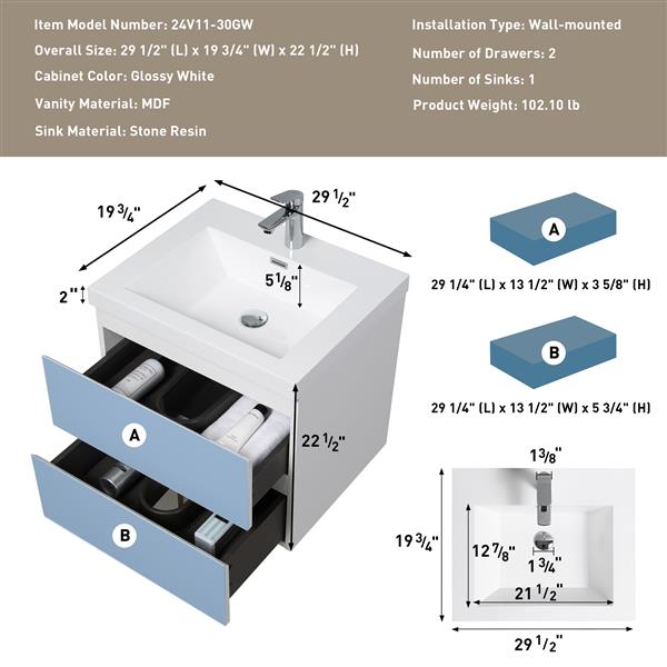 30" Floating Bathroom Vanity with Sink, Modern Wall-Mounted Bathroom Storage Vanity Cabinet with Resin Top Basin and Soft Close Drawers, Glossy White 24V11-30GW