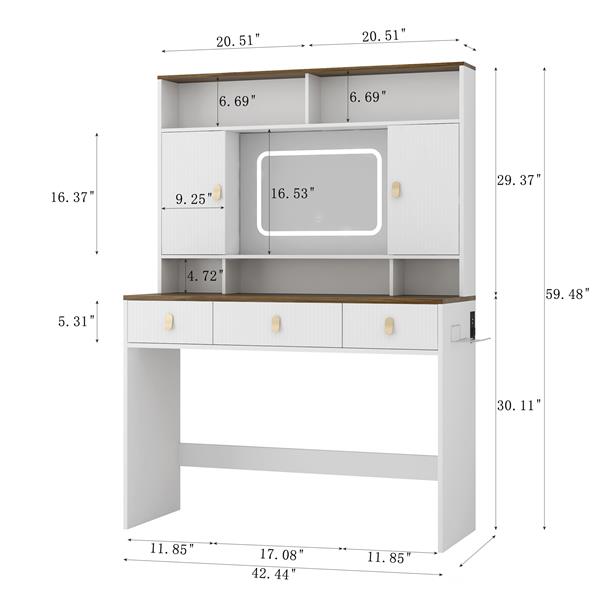 Farmhouse Dressing Table Makeup Table, 43" Wide Dressing Table with Lighted Mirror and Makeup Drawer, Large Modern Dressing Table Set with Hair Dryer Holder for Bedroom, White