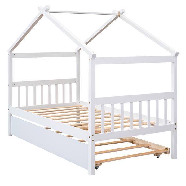 Twin Size Wooden House Bed with Twin Size Trundle, White