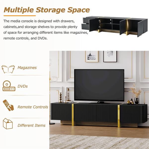 Luxury Fluted TV Stand for TVs Up to 80'', Modern Entertainment Center with Storage Cabinets & Drawers, Smooth Media Console with lden Wood Grain Legs for Living Room, Black