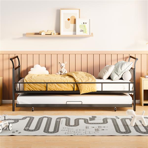 Twin Size Metal Daybed with Curved Handle Design and Twin Size Trundle, Black