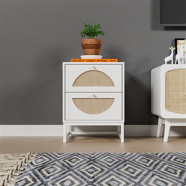 2 Drawer Nightstand Set of 2, White, Natural Rattan, Display Rack for Bedroom and Living Room