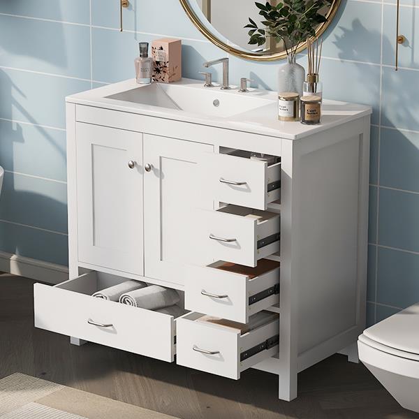 36" White Bathroom Vanity with Ceramic Sink Combo, Abundant Storage Cabinet -2 Soft-close doors and 5 drawers