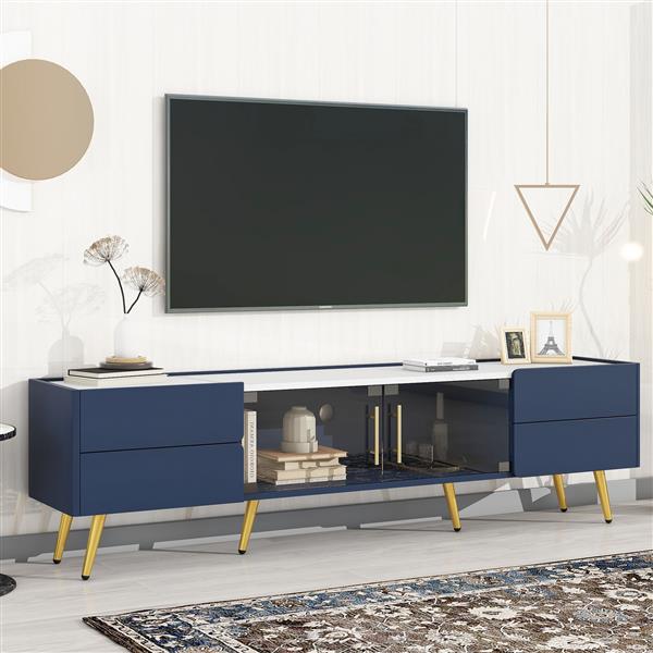 Modern TV Stand with LED lights for TVs up to 80 Inches, Entertainment Center with 4 Drawers and 1 Cabinet with Brown Glass Door, Media Console with Metal Legs and Handles for Living room