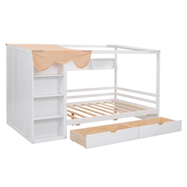 Full size House Bed with Two Drawers and Wardrobe,White