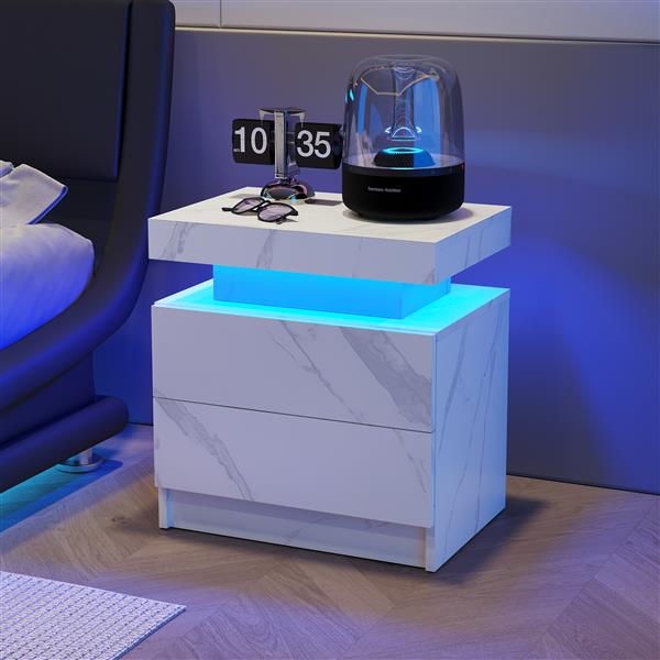 Nightstand LED Bedside Table Cabinet Lights Modern End Side with 2 Drawers for Bedroom (White Stone)