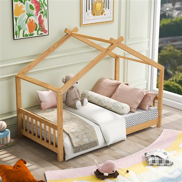 Twin Size House Platform Bed with Headboard and Footboard,Roof Design,Natural