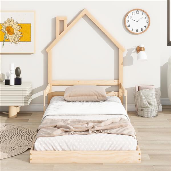 Twin House-Shaped Headboard Floor Bed with Handrails ,slats ,Natural