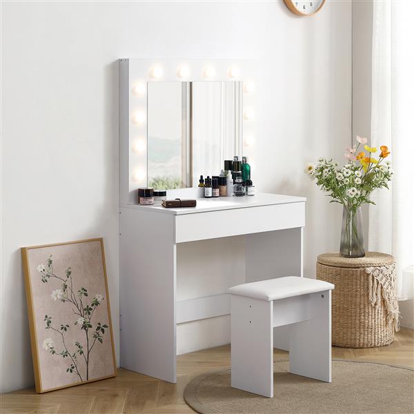 Vanity table with large lighted mirror, makeup vanity dressing table with drawer, 1pc upholstered stool ,12 light bulbs and adjustable brightness, white color