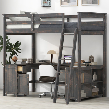 Full Size Loft Bed with U-shaped Desk, Drawers and Storage Shelves, Antique Brown