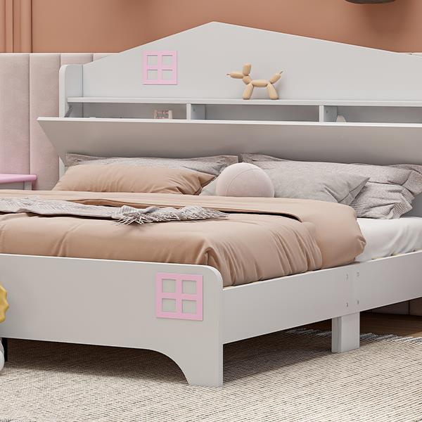 Wooden Full Size House Bed with Storage Headboard ,Kids Bed with Storage Shelf,White