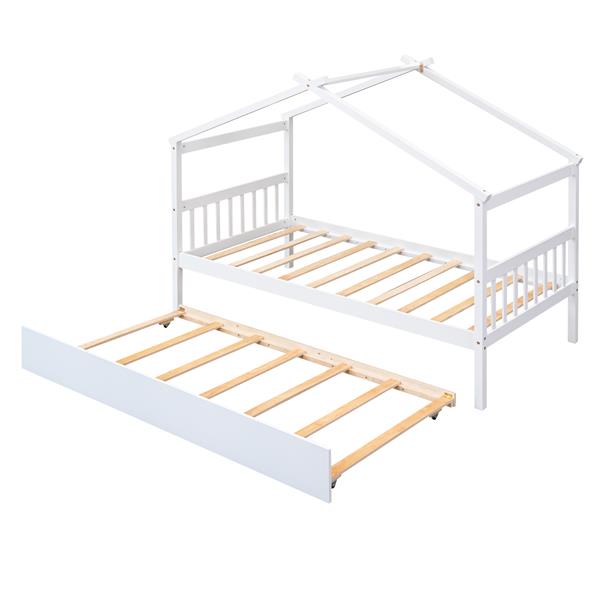 Twin Size Wooden House Bed with Twin Size Trundle, White