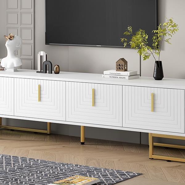 Modern TV Stand with Metal Legs and Gold Handles for TVs Up to 80'', Media Console Table with Cabinets and Adjustable Shelves, Luxury TV Cabinet with Geometric Lines for Living Room, White