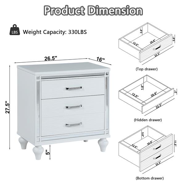 Contemporary Nightstands with mirror frame accents, Bedside Table with two drawers and one hidden drawer, End Table with Crystal Pull for Living Room,Bedroom, White