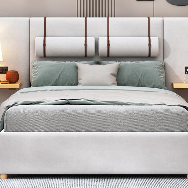 Full Size Upholstered Platform Bed, Two Outlets and USB Charging Ports on Both Sides, Two Bedside Pillows, Storage Shelves, Beige