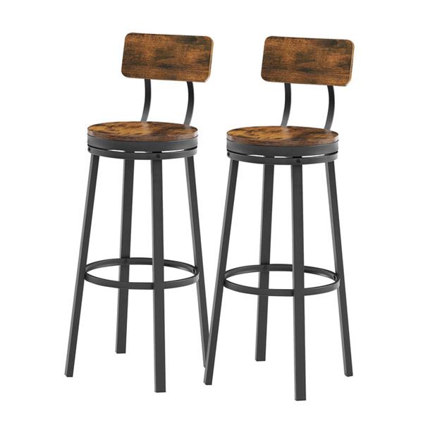 Swivel bar stool set of 2 with backrest, industrial style, metal frame, 29.5'' high for dining room. Rustic Brown, 13.4''w x 40.5''h.