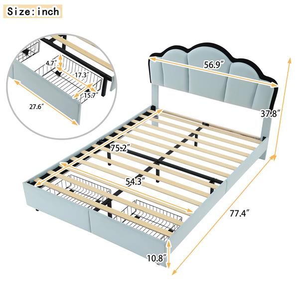 Full Size Upholstered Princess Platform Bed with LED and 2 Storage Drawers, Blue