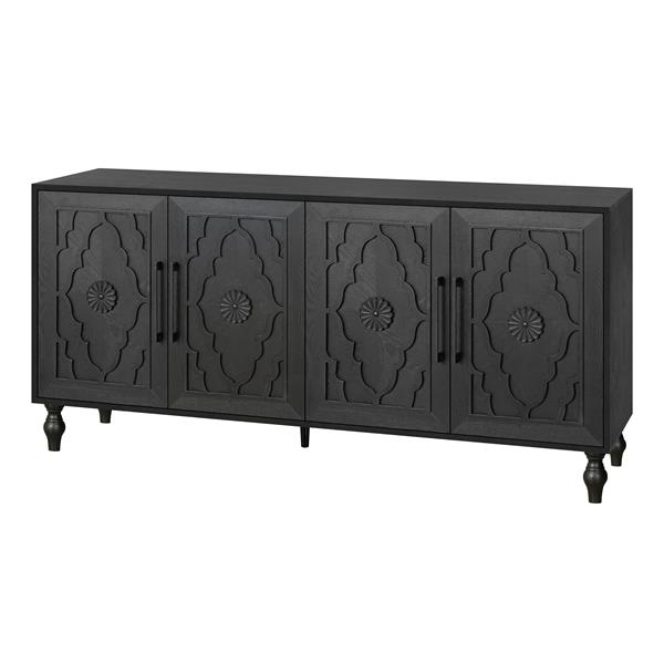 Carved Flower Door Large Storage Cabinet With Metal Handle Suitable For Living Room, Kitchen, Entryway(BLACK)