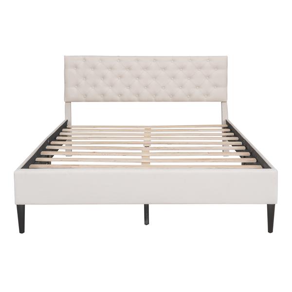 Upholstered Linen Platform Bed, Queen Size, Beige