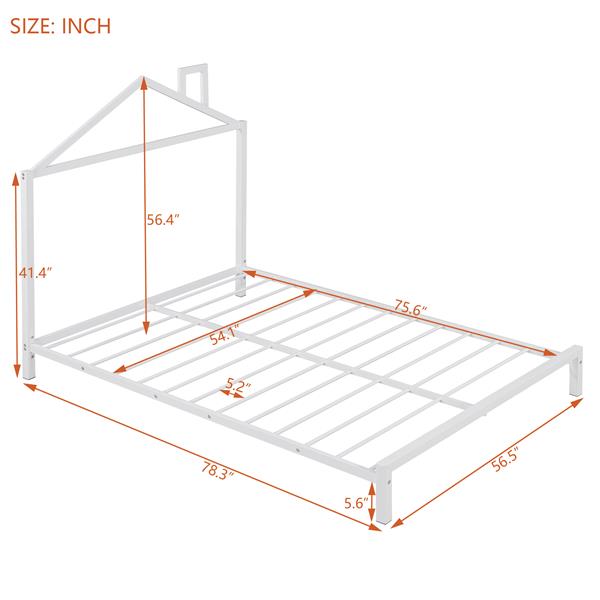 Full Size Metal Platform Bed with House-Shaped Headboard Design, White