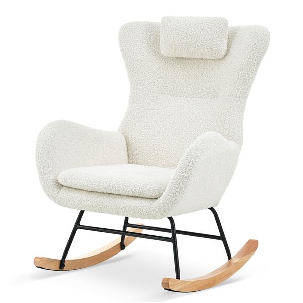 Rocking Chair Nursery, Teddy Upholstered Rocker Glider Chair with High Backrest, Adjustable Headrest & Pocket, Comfy Glider Chair for Nursery, Bedroom, Living Room, Offices, Rubber wood, white