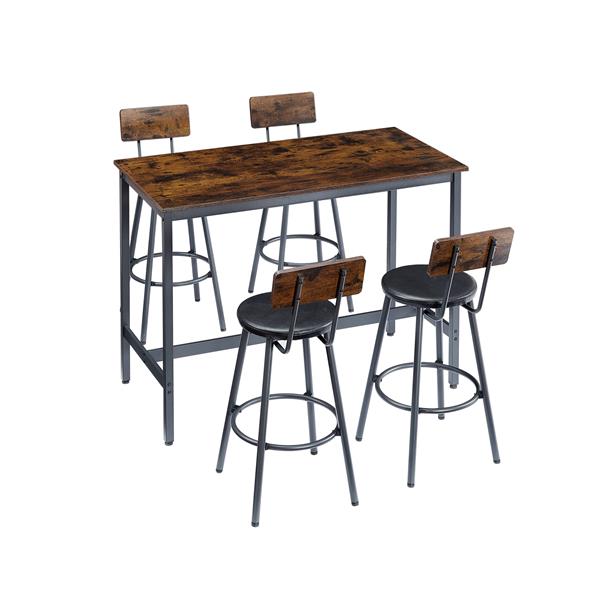 Pub High Dining Table 5 Piece Set, Industrial Style Pub Table, 4 PU Leather Bar Chairs for Kitchen Breakfast Table, Living Room, Bar, Rustic Brown, 47.2″L x 23.6"W x 35.4"H