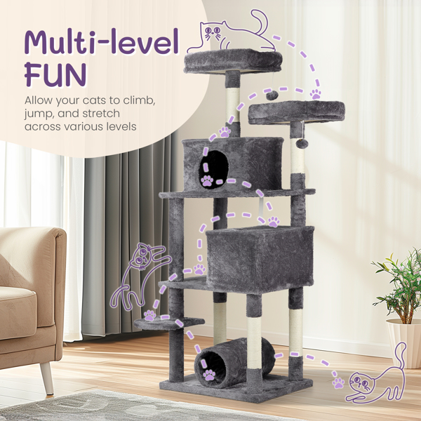 65 inch Cat Tree Cat Tower for Indoor Cats, Large Multi-Level Cat Play House Condo Furniture with Padded Platform Beds, Large Cozy Condos, Sisal Scratching Posts, Toy Balls and Cat Play Tunnel, Dark G