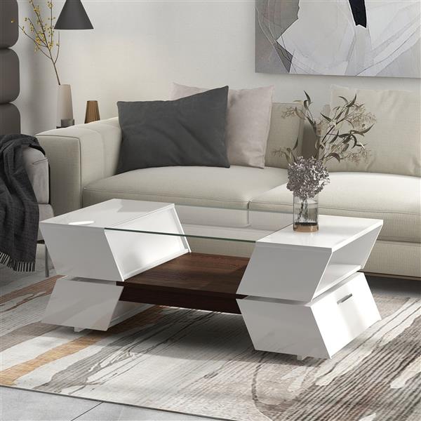 [VIDEO provided] 6mm Glass-Top Coffee Table with Open Shelves and Cabinets, Geometric Style Cocktail Table with Great Storage Capacity, Modernist 2-Tier Center Table for Living Room, White