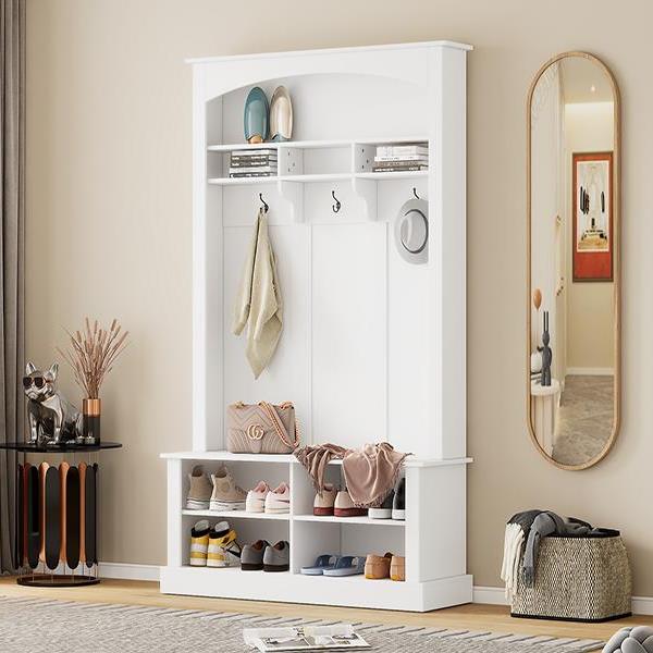 47.2'' Wide Hall Tree with Bench and Shoe Storage, Multi-functional Storage Bench with 3 Hanging Hooks & Open Storage Space, Rectangle Storage & Shelves Coat Rack for Hallway, White