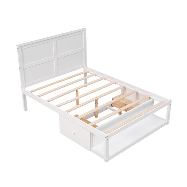 Full Size Platform Bed with Drawer on the Each Side and Shelf on the End of the Bed, White