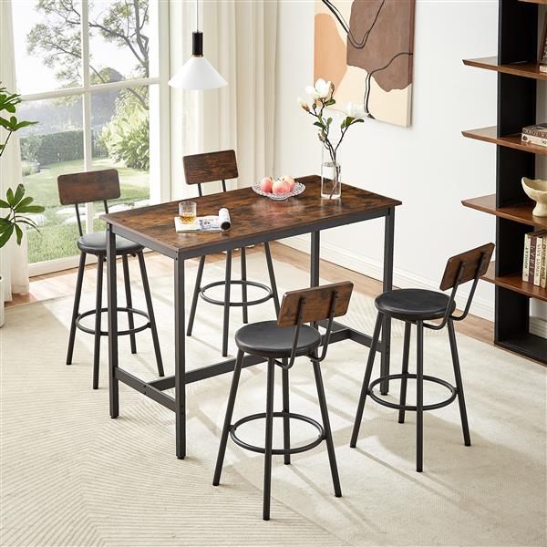 Pub High Dining Table 5 Piece Set, Industrial Style Pub Table, 4 PU Leather Bar Chairs for Kitchen Breakfast Table, Living Room, Bar, Rustic Brown, 47.2″L x 23.6"W x 35.4"H