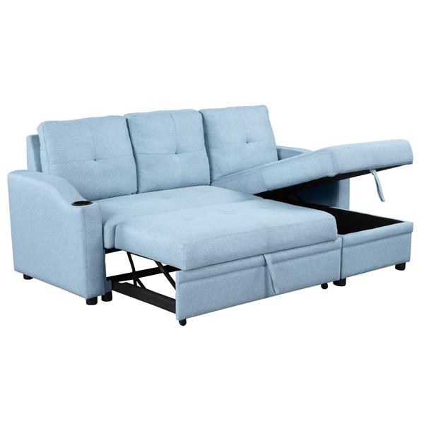 80.3". Pull Out Sofa Bed Modern Padded Upholstered Sofa Bed , Linen Fabric 3 Seater Couch with Storage Chaise and Cup Holder , Small Couch for Small Spaces