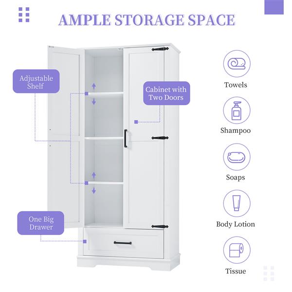 Tall Bathroom Storage Cabinet, Cabinet with Two Doors and One Drawer, Adjustable Shelf, MDF Board, White