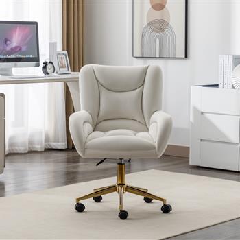 005-Velvet Fabric 360 Swivel Home Office Chair With Gold Metal Base And Universal Wheels,Ivory